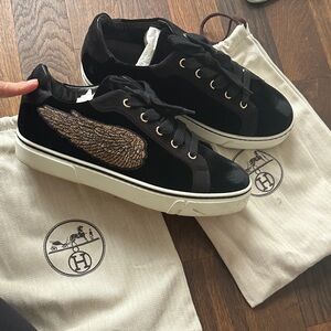 HERMES - wing sneakers - black velour-SZE 39 excellent condition w/ dust bags